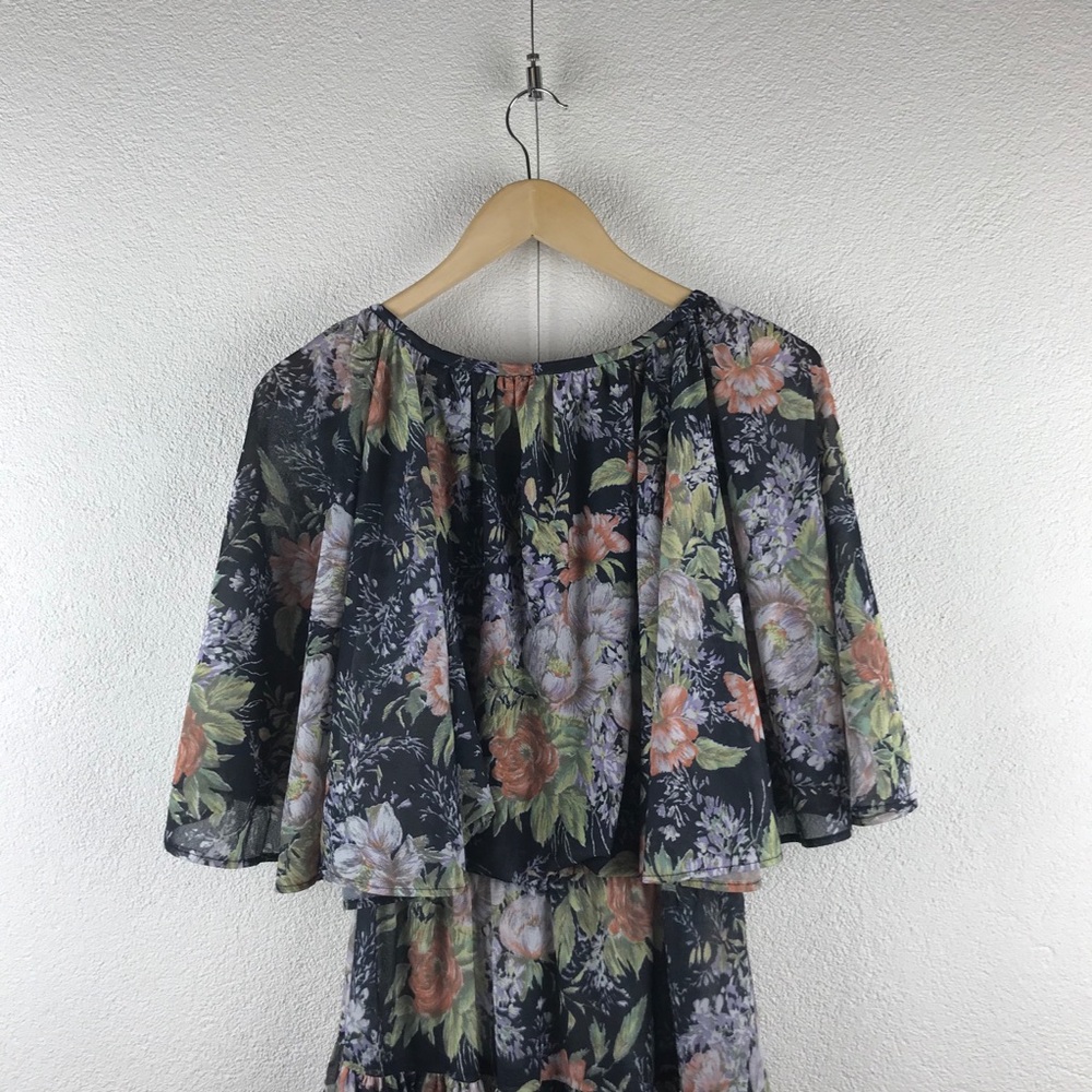 Vintage l 70s M Bohemian Cottagecore Floral Semi-Sheer Cape Flutter Sleeve Dress - Picture 7 of 14